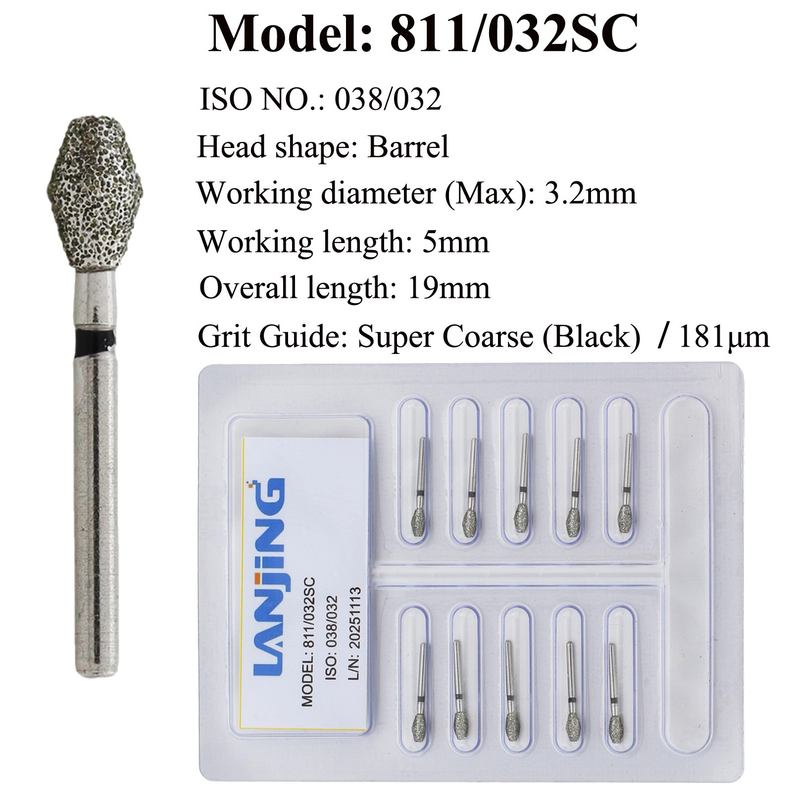 Dental Diamond Burs Barrel Super Coarse FG Bur 811-032C 038SC High Speed Burr