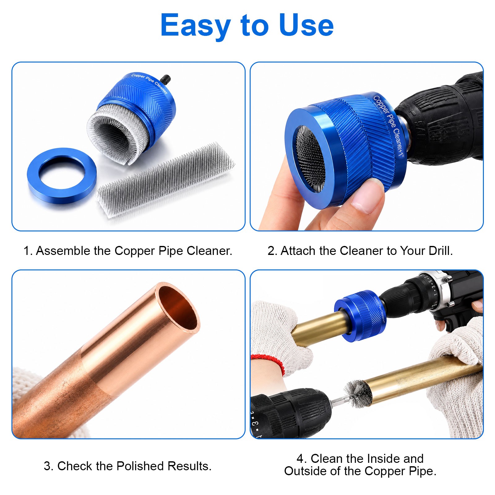 9PCS Copper Pipe Cleaner for Drill Set 1/2″ 3/4″ 1″ Plumbing Cleaning Brush Kit