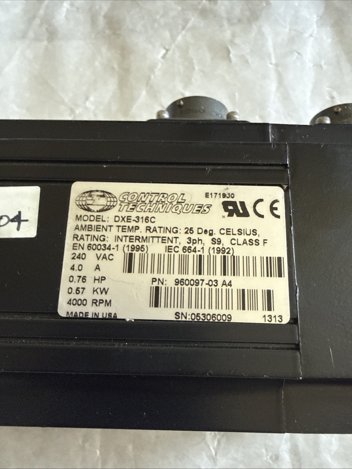 CONTROL TECHNIQUES DXE-316C SERVO MOTOR,DXE316C,240VAC 4A,0.76HP,(EXCELLENT),Ei