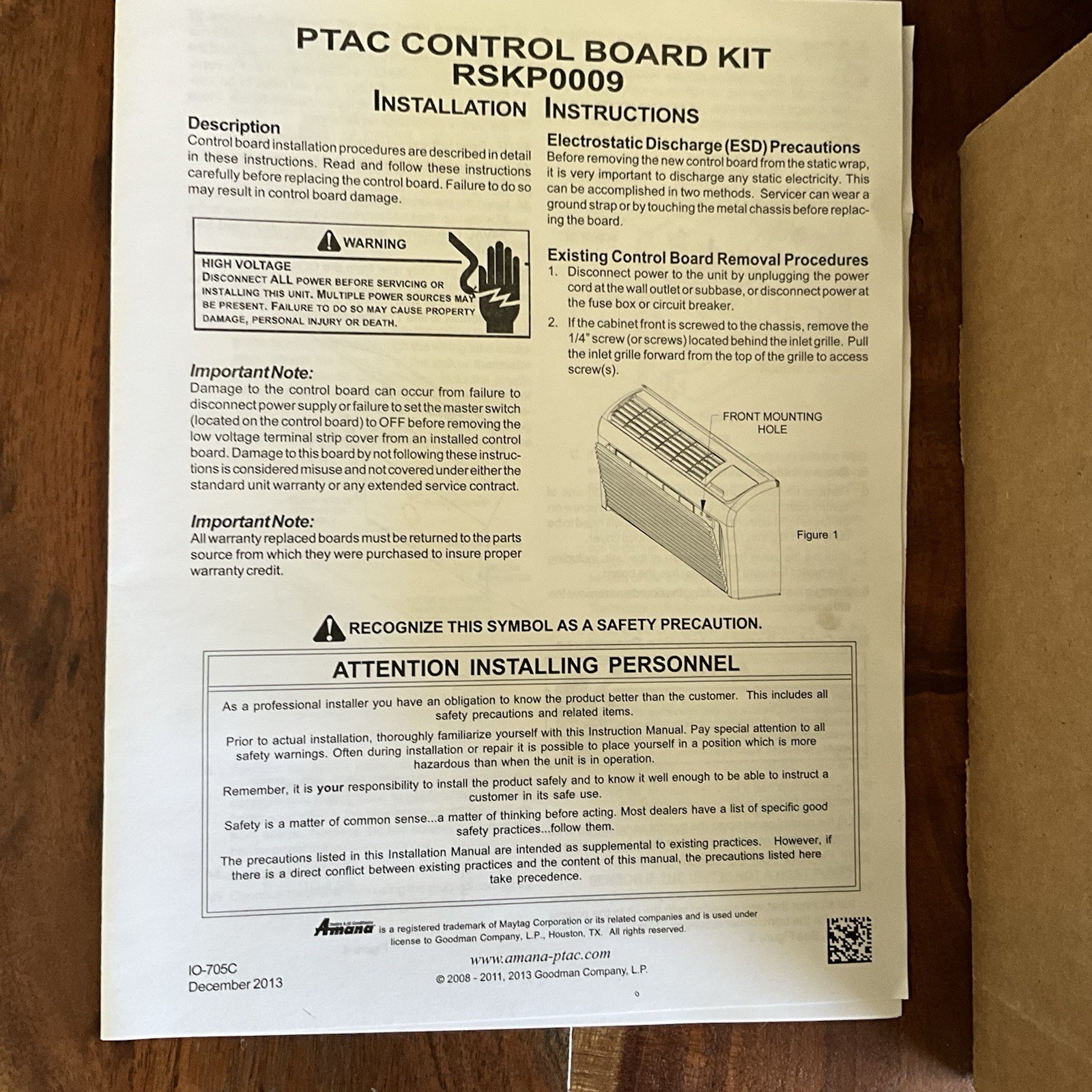 3 Amana PTAC Control Board Kit RSKP0009 with Wiring and Instructions
