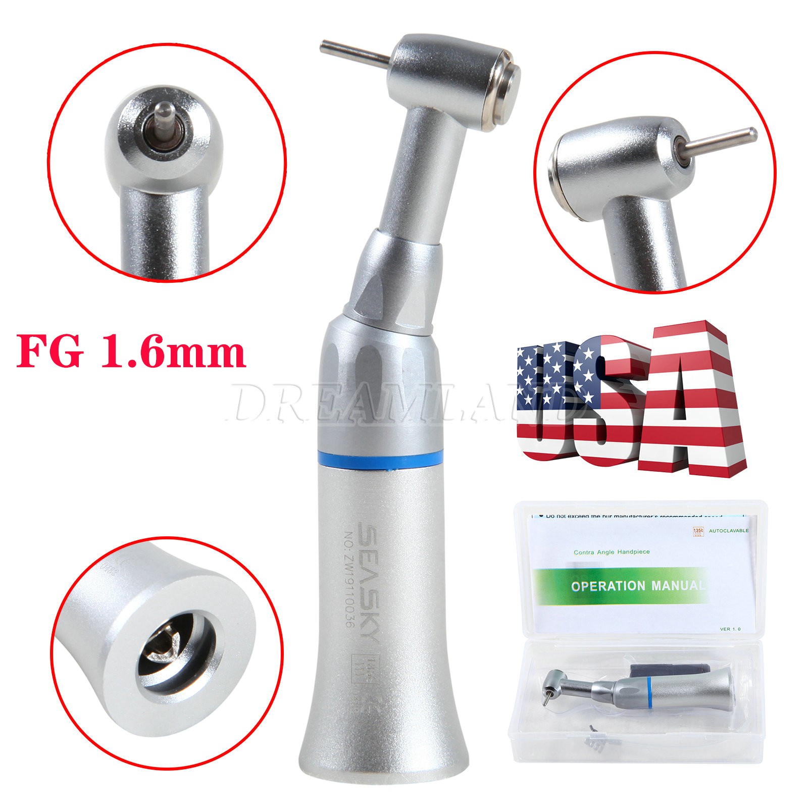 NSK Style Dental Slow Low Speed FG 1.6mm Burs Contra Angle Handpiece Push Button