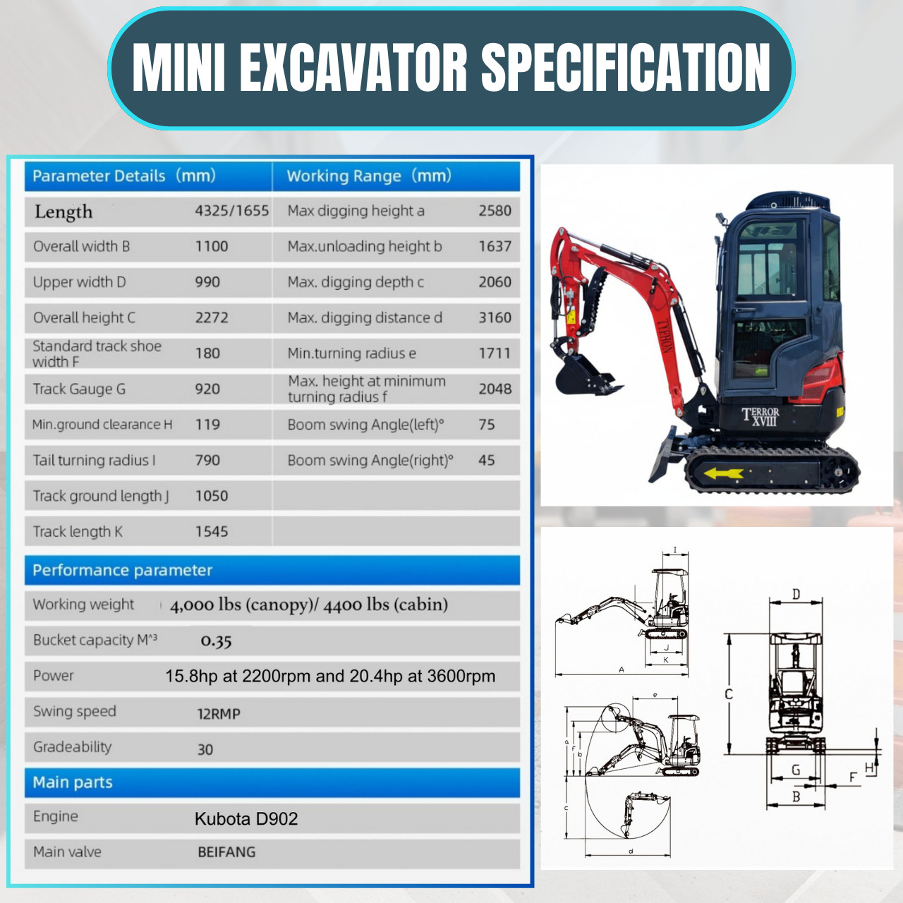TYPHON Terror XVIII Prestige Mini Excavator 2 Ton AC Cabin DIgger Kubota D902