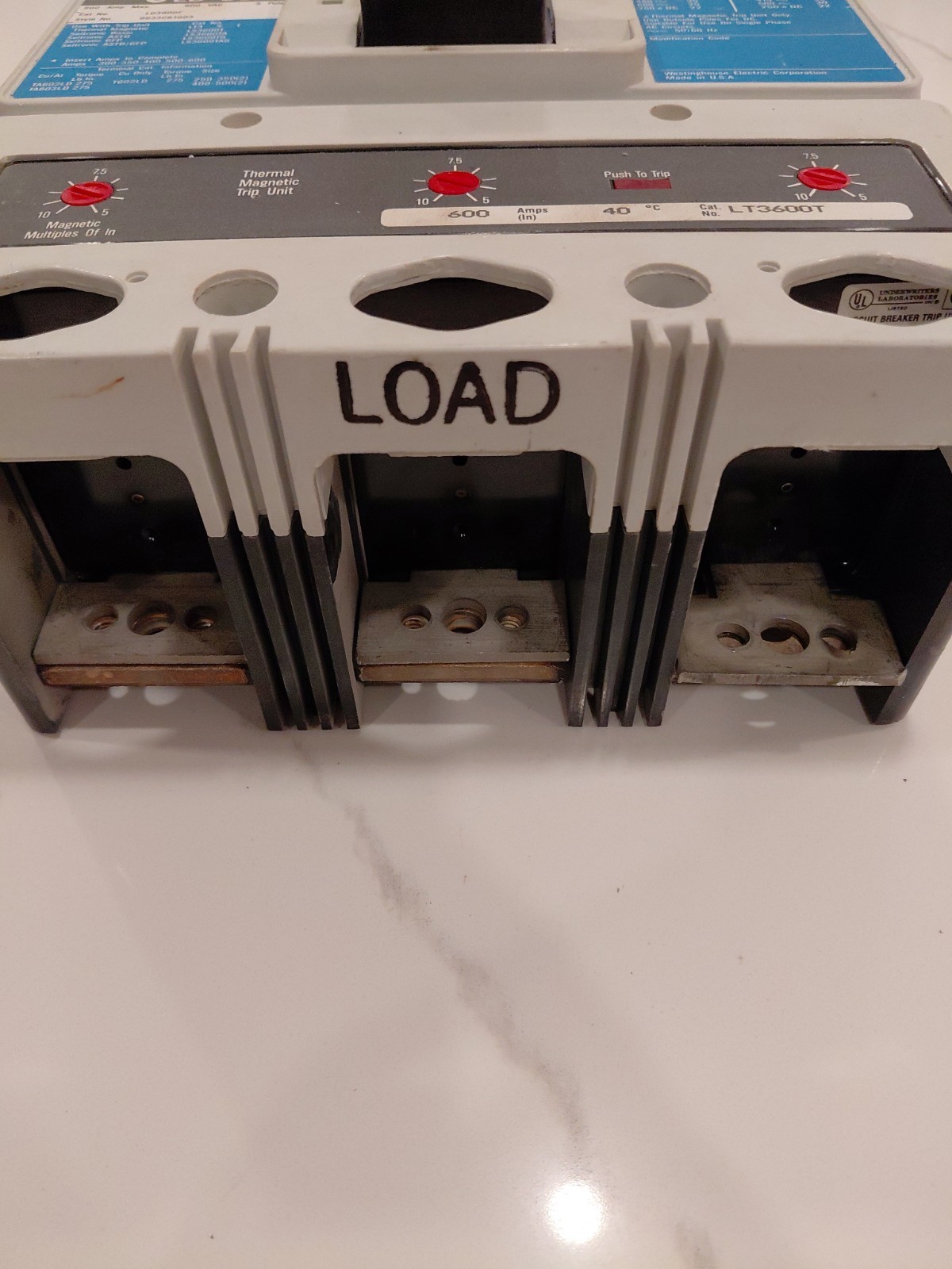 Westinghouse LD3600F 600Amp 600Volt 3Pole Bolt-On Breaker w/ 6000Amp Trip Unit