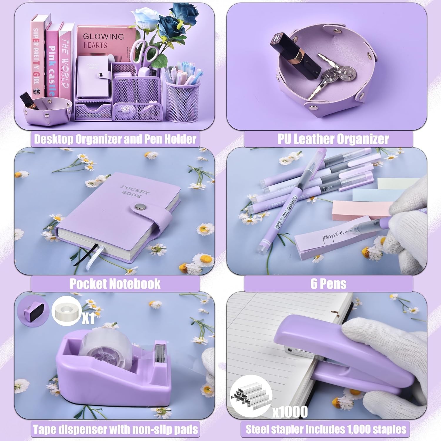 Stylish Purple Desk Organizers with 26 Essential Office Supplies – Gift Ready