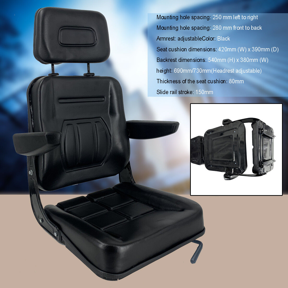 High Back Tractor Seat Suspension Lawn Mower Seat with Armrest & Slidable Track