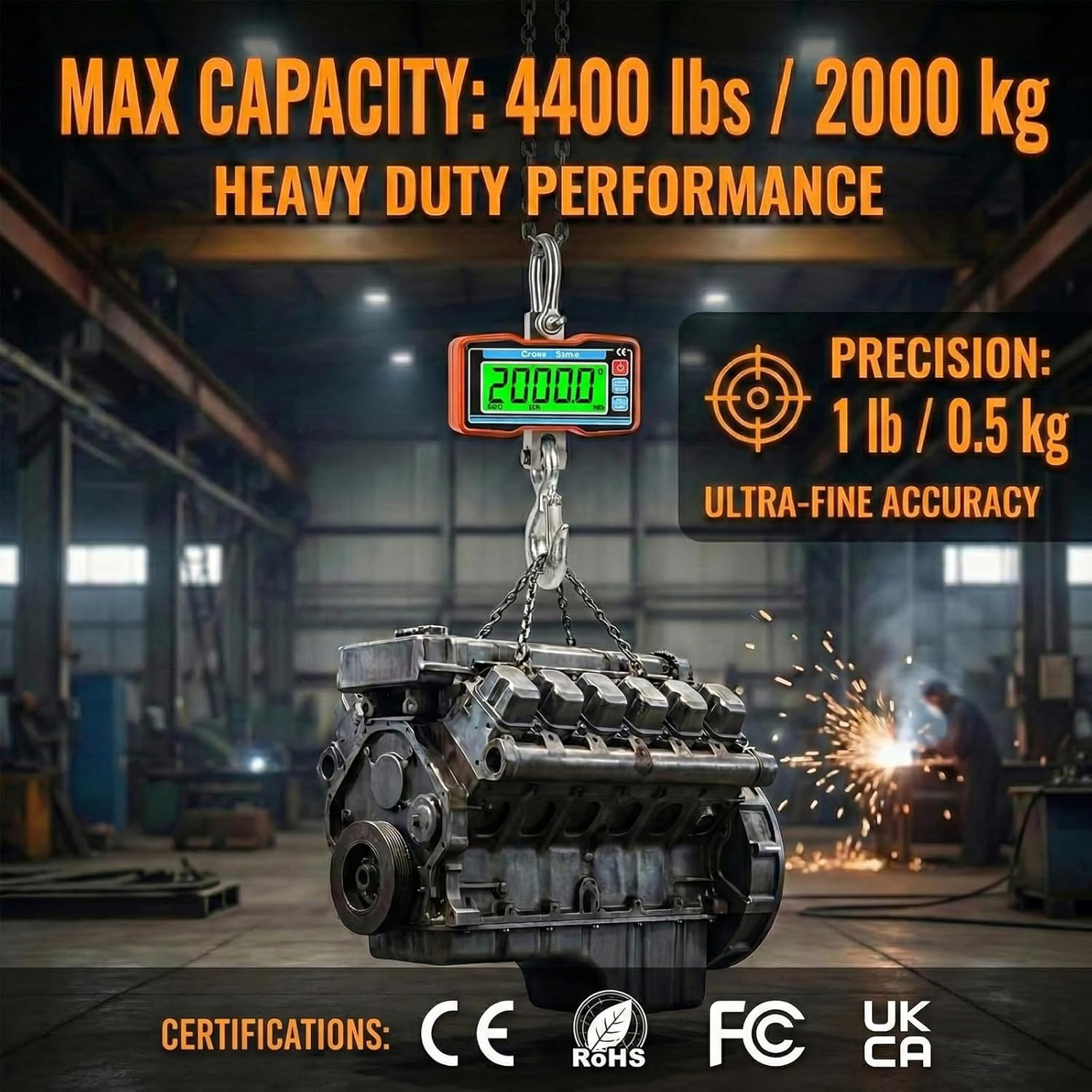 4400Lbs / 2 Ton Digital Crane Scale, 1Lb (0.5Kg) Accuracy Heavy Duty Industrial