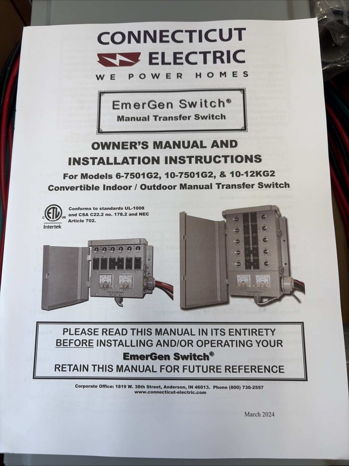 Connecticut Electric Manual Transfer Switch 50A 10-Circuits EGS10-12KG2 12500 W