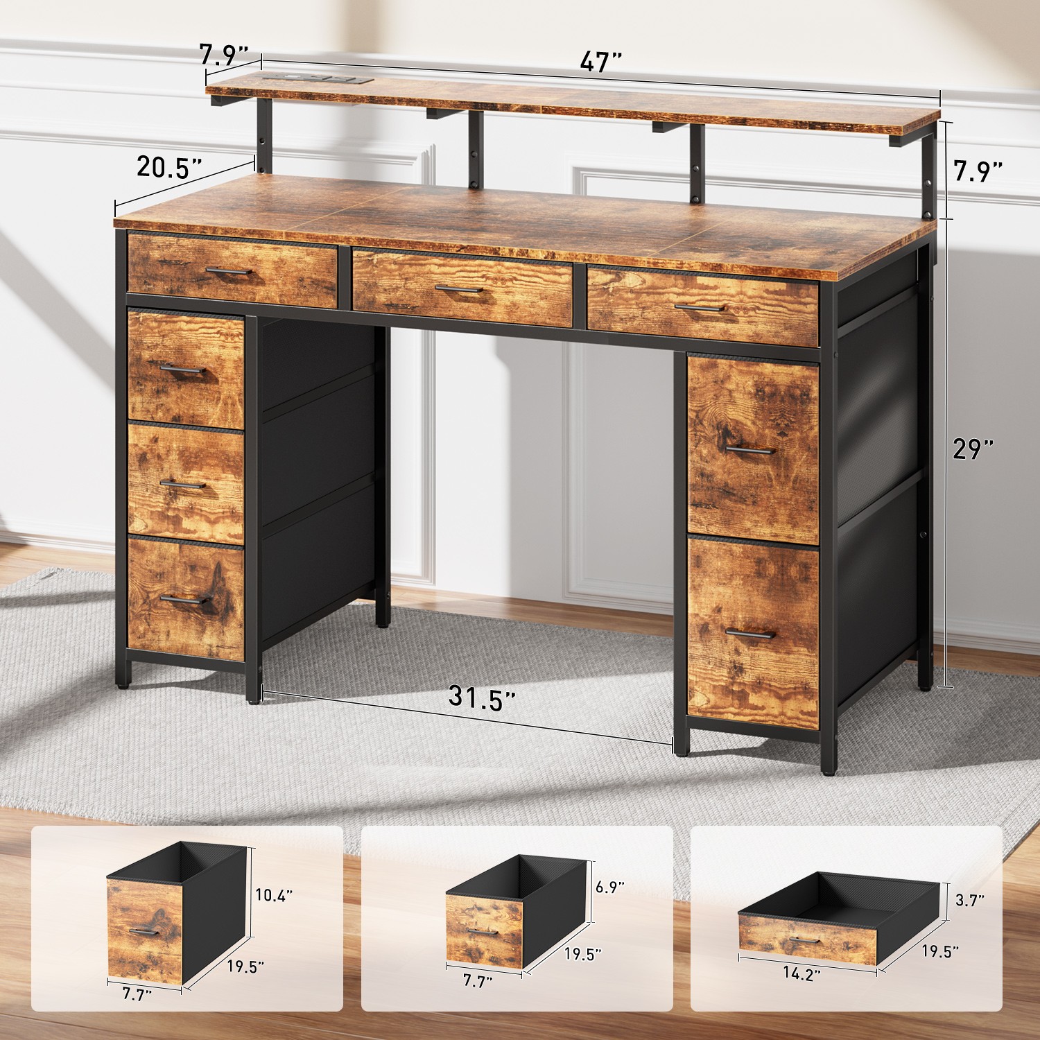 47 Inch Computer Desk with 8 Drawers, Office Desk with Power Outlets & LED Light