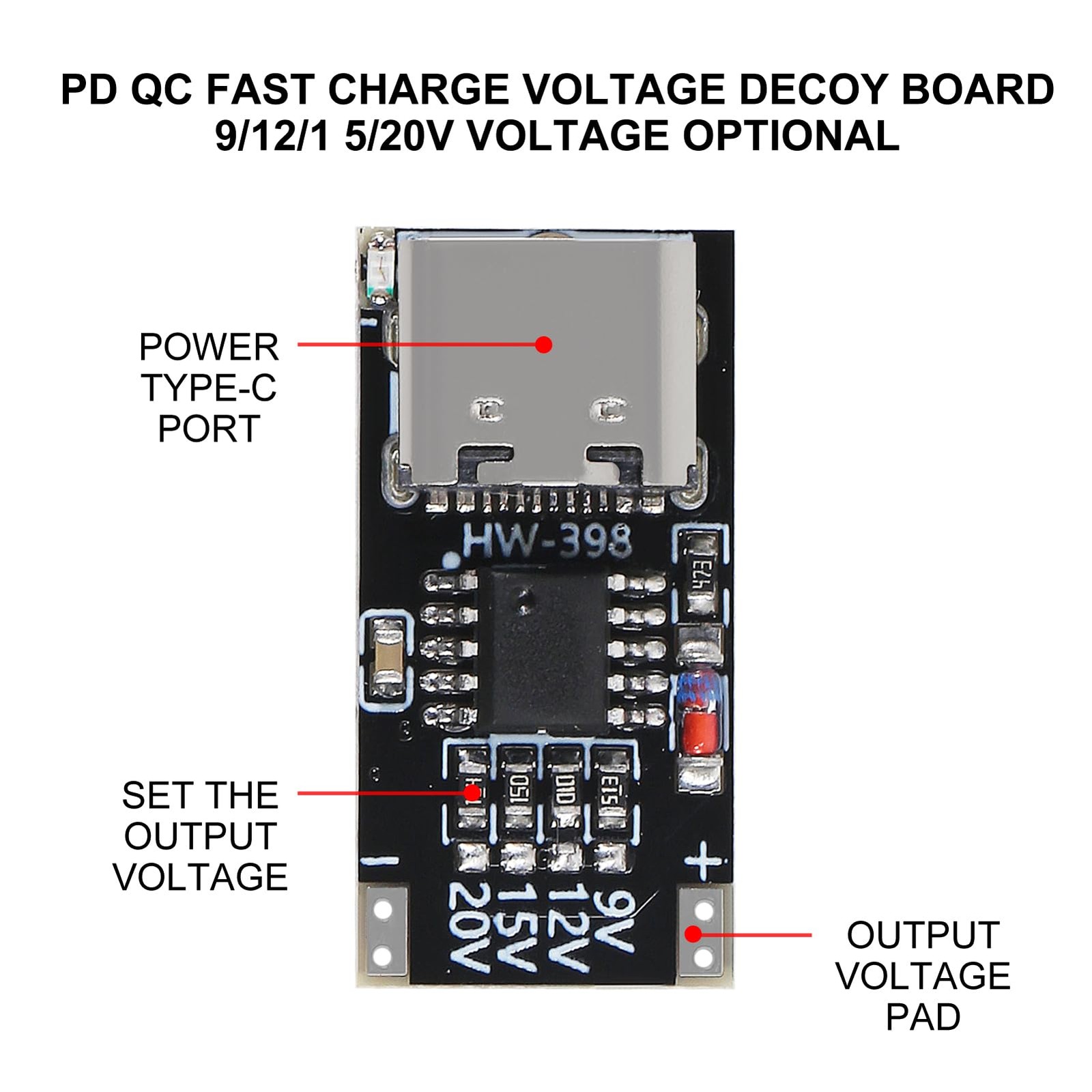 5 pcs USB-C PD Trigger Board PD/QC Fast Charger Module Supports 9V 12V 15V 20V