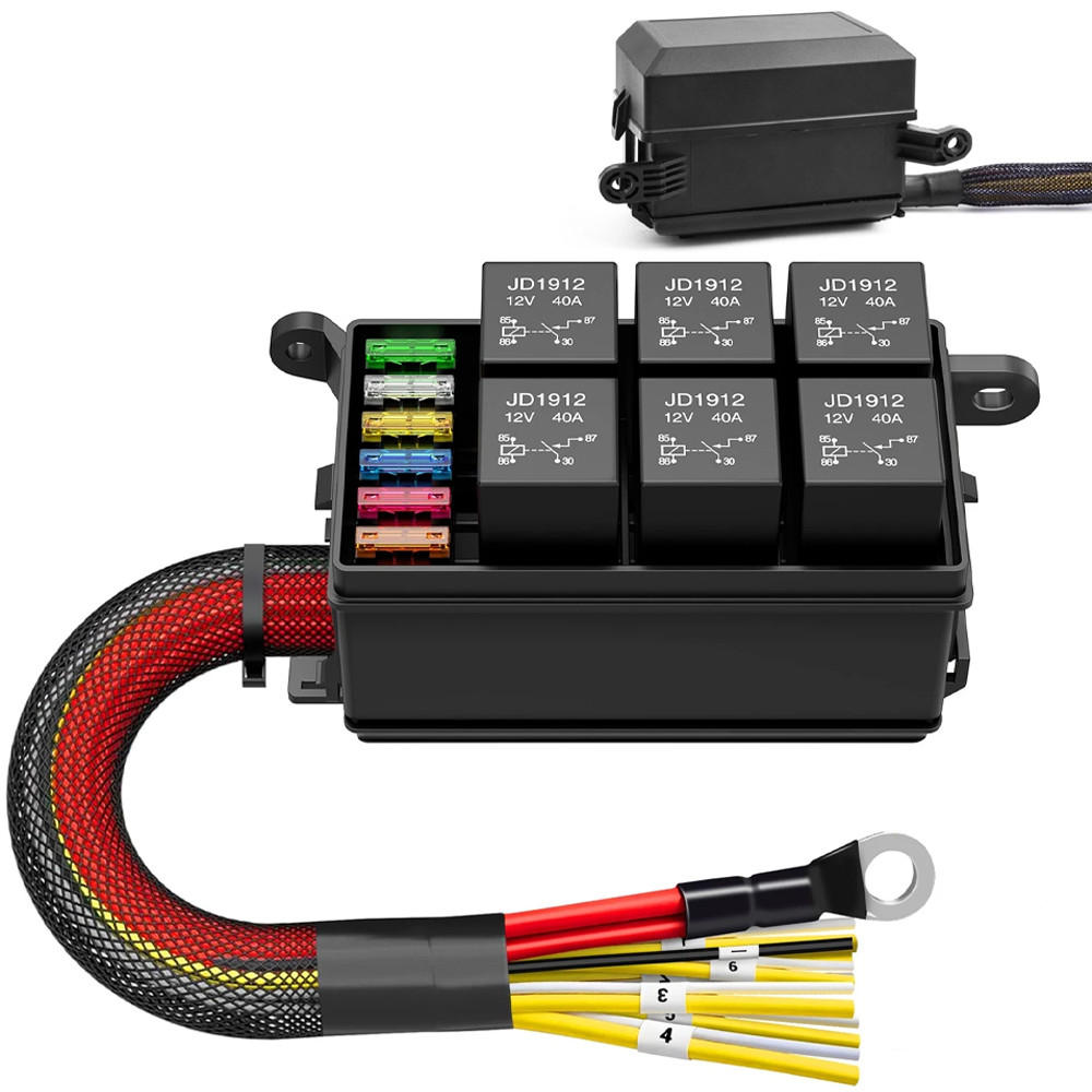 12V Automotive Relay Box, 6 Way Relay Fuse Box 12 AWG Pre-Wired Fuse Circuit Box