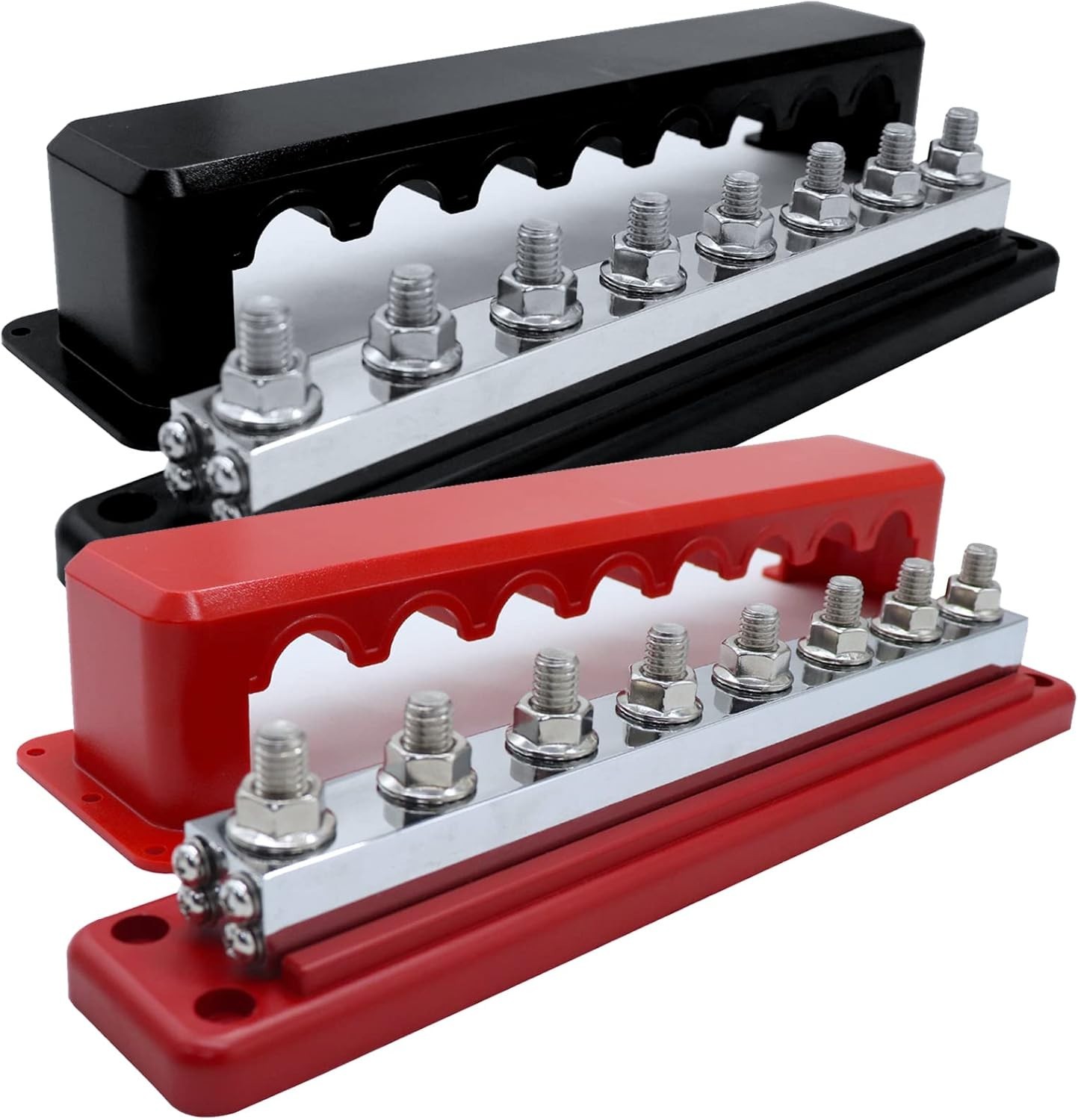 600A Battery Bus Bar 8 Way Copper Terminal Block M10 Studs with Cover Red Black