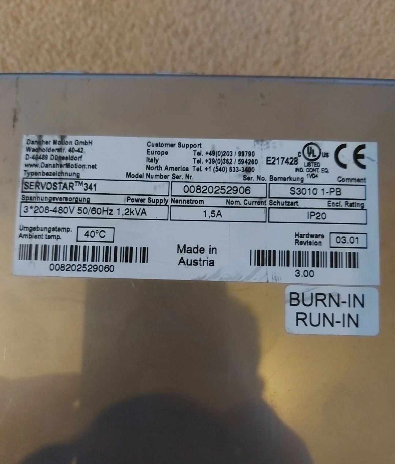 Servostar 300 341 servo drive Kollmorgen Danaher used S3010 1-PB