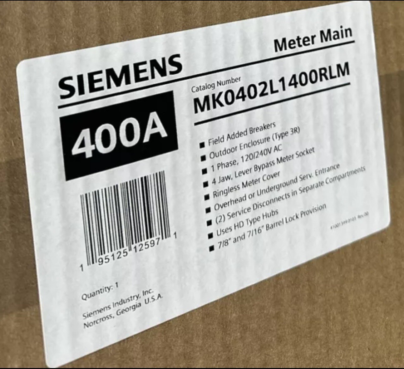 Siemens 400 Amp With Breaker 2x 200 Disconnect Meter Socket MK0402L1400RLM New