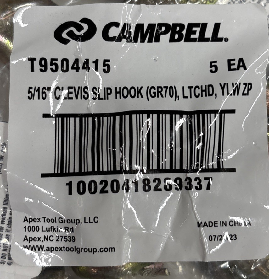 5 Pack Campbell T9504415, 5/16″ Clevis Slip Hook W/Latch Grade 70