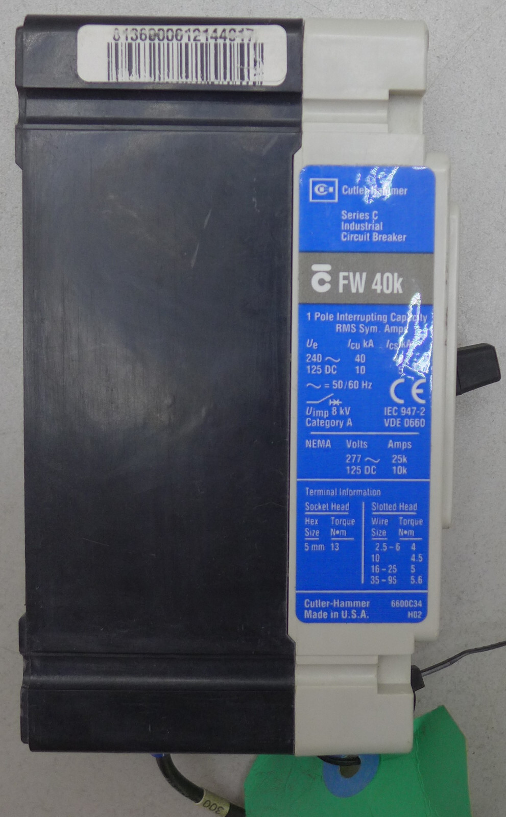 Cutler-Hammer FW 40K 16A 1 Pole Industrial Circuit Breaker FWF1016L Series C
