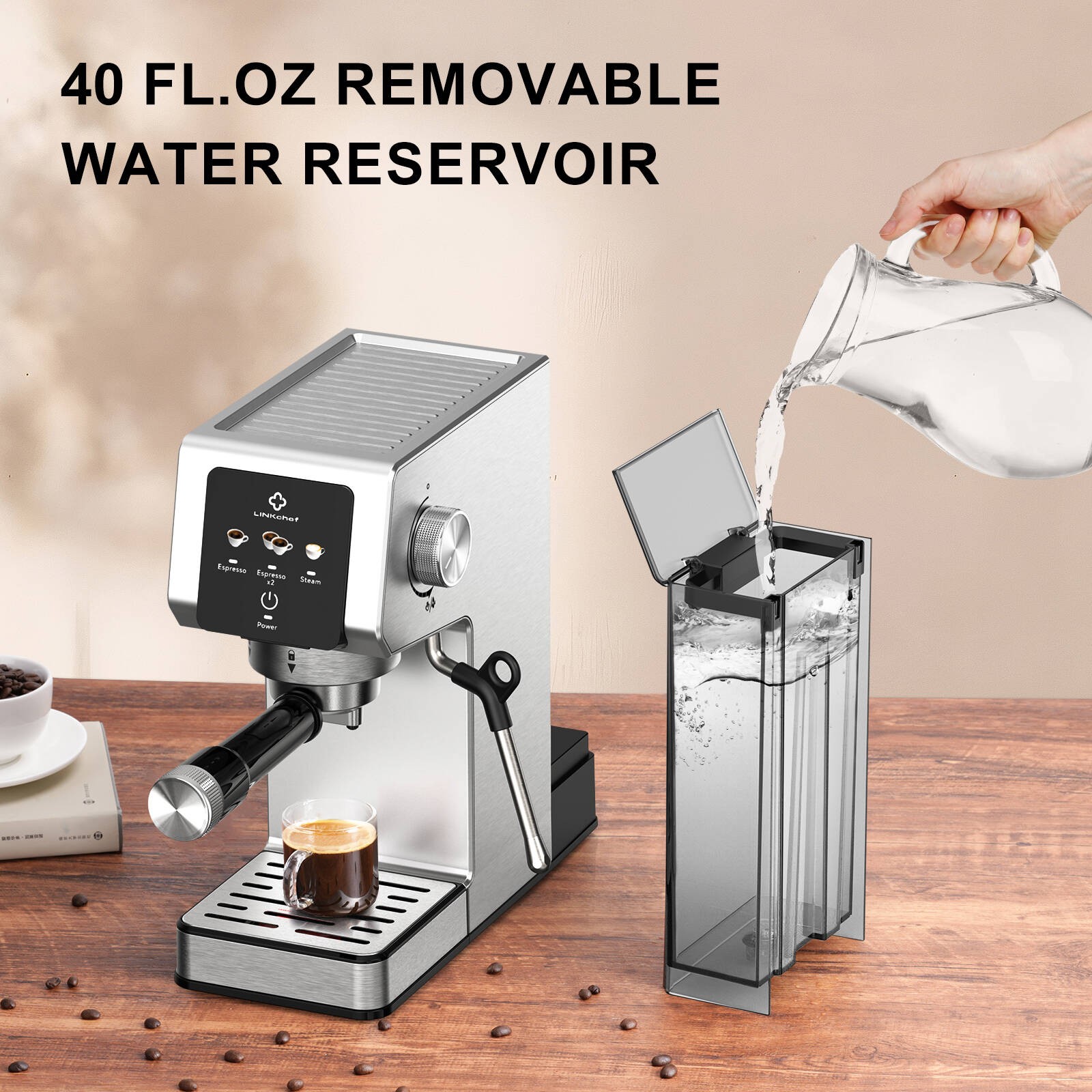 LINKChef CME1020 20 Bar Espresso Maker with Milk Frother Steam Wand, Silver