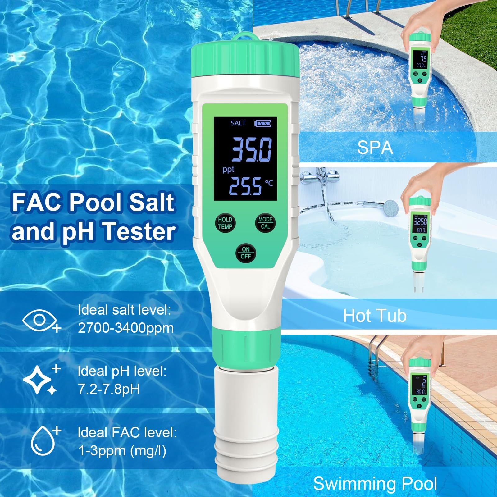 7-in-1 Digital Pool Water Tester for Salt, pH, Chlorine, & More