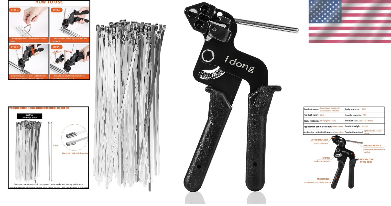 Cable Tie Tool Gun Stainless Steel Cable Tie Tool With 100pcs Metal Zip Ties