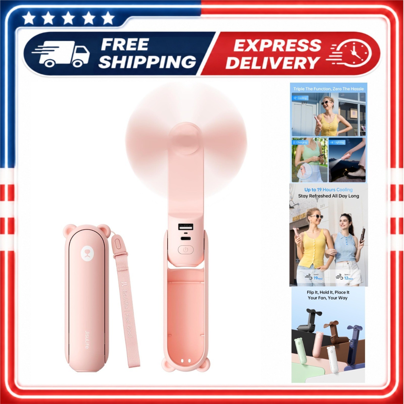 JISULIFE 3 IN 1 Portable Fan with Power Bank & Flashlight – USB Rechargeable