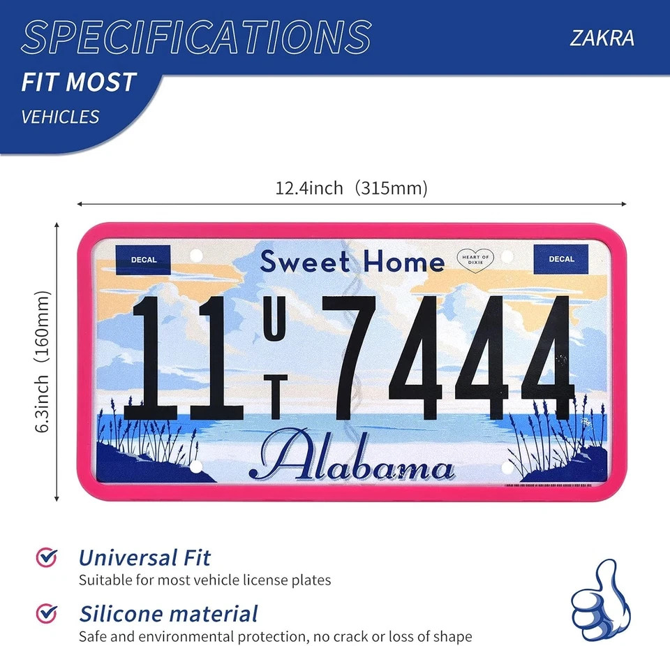2 Pack Hot Pink Silicone License Plate Frame, 100% Street Legal & Zero Obstructi