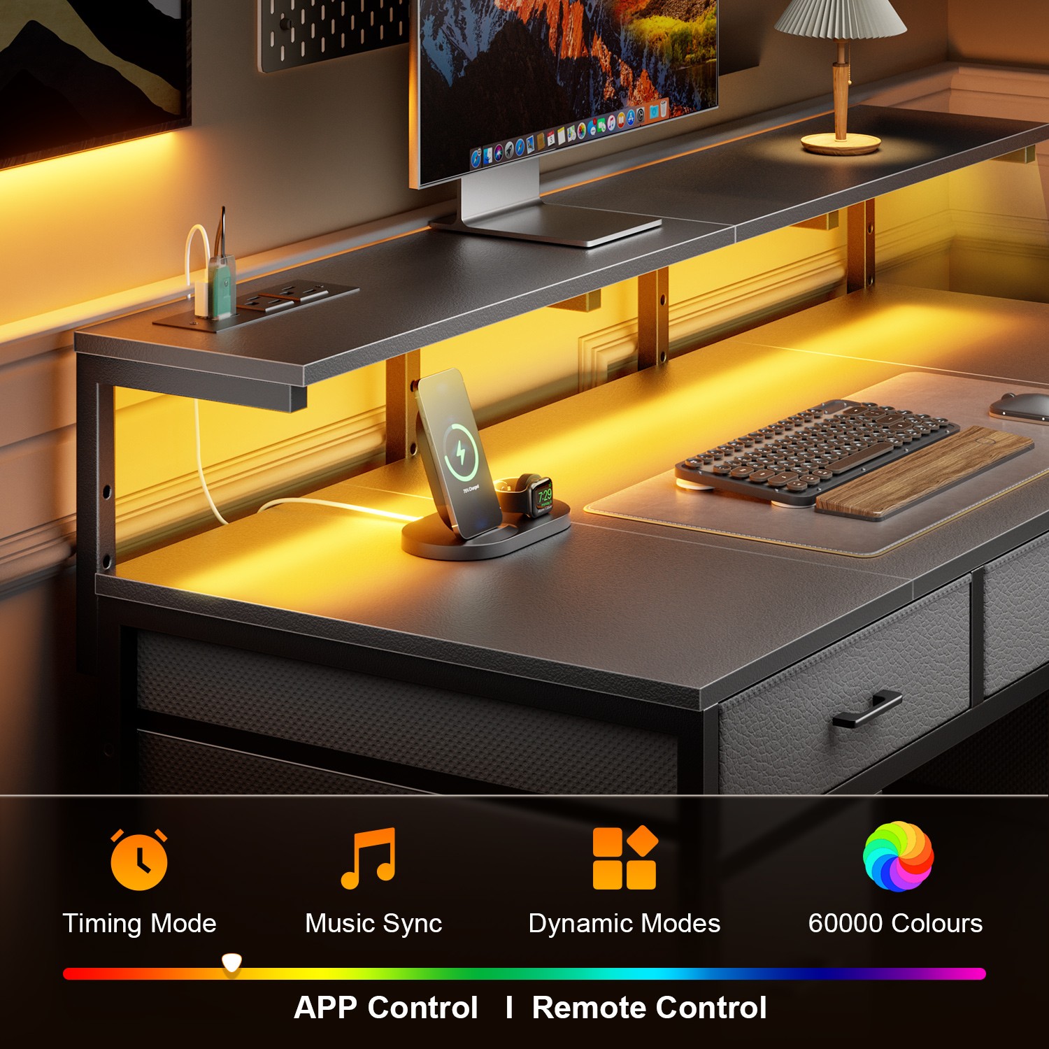 47 inch Computer Desk with 8 Drawers & Power Outlets, Gaming Desk with LED Light