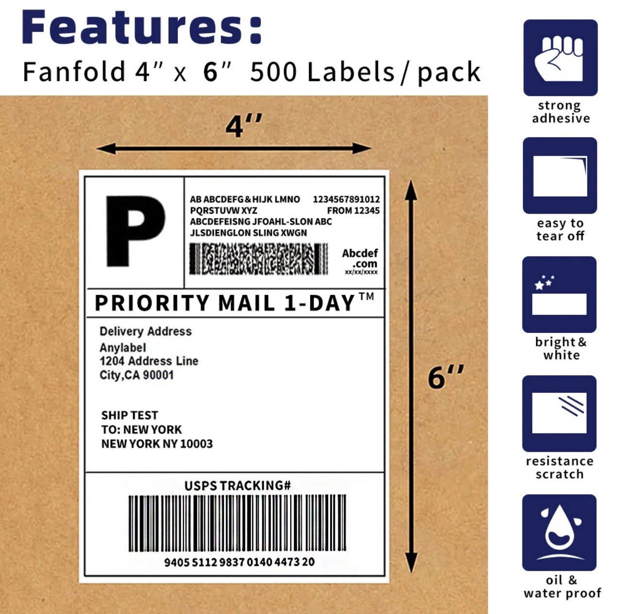 4″x6″ Fanfold Direct Thermal Shipping Labels for Zebra and Rollo 500 PCS