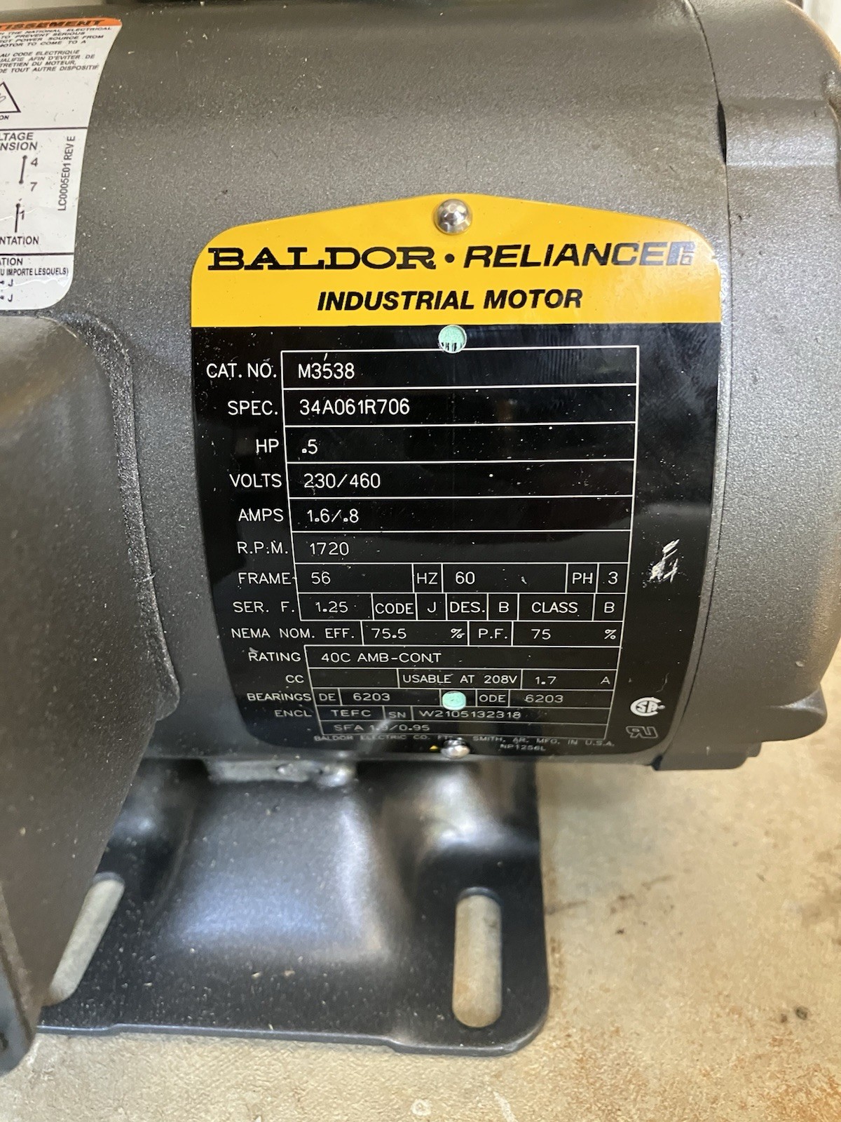 Baldor M3538 Electric Motor 1/2 hp, 1720 RPM, 56 Frame, 3 phase