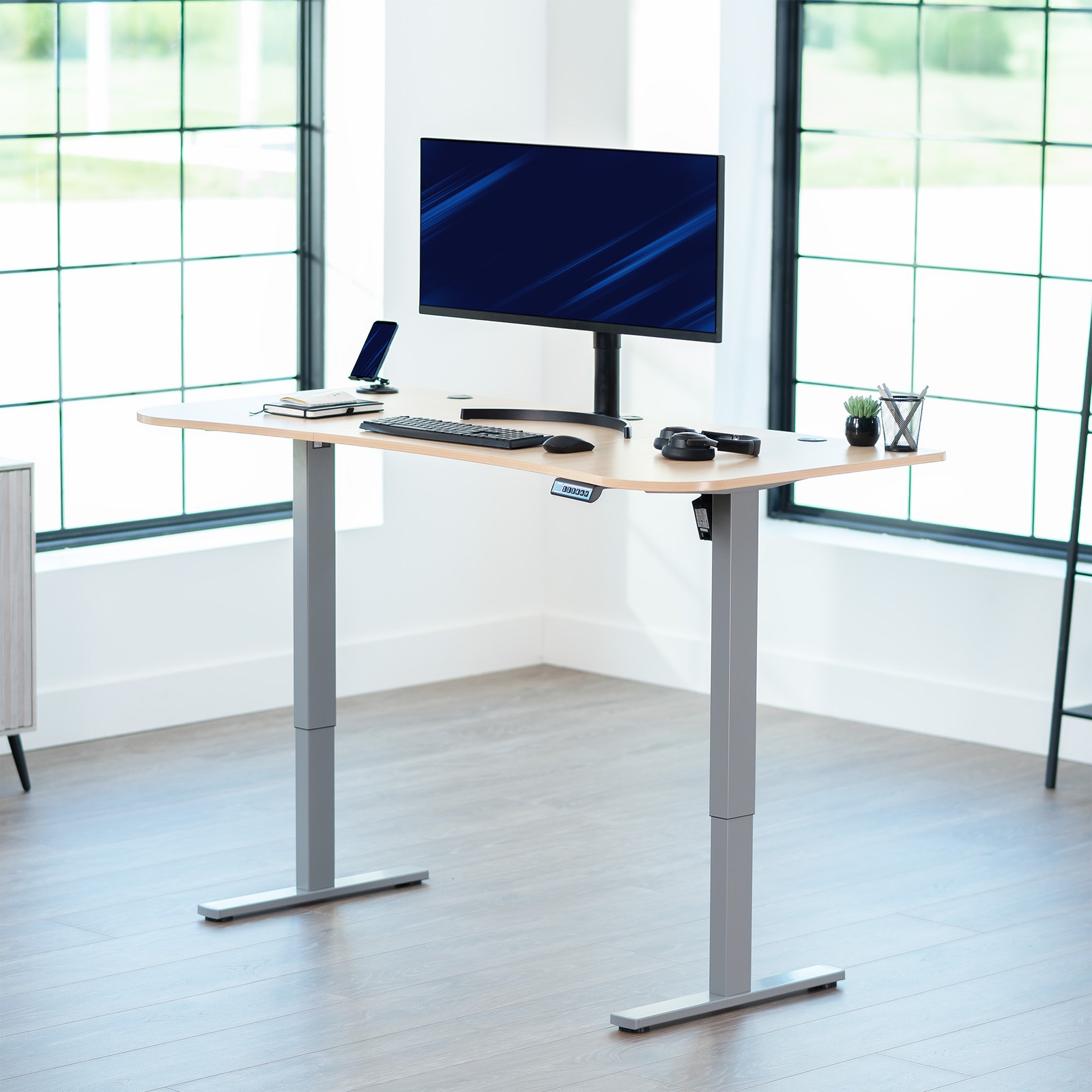 VIVO Electric 63” x 32” Stand Up Desk, Light Wood Table Top, Gray Frame
