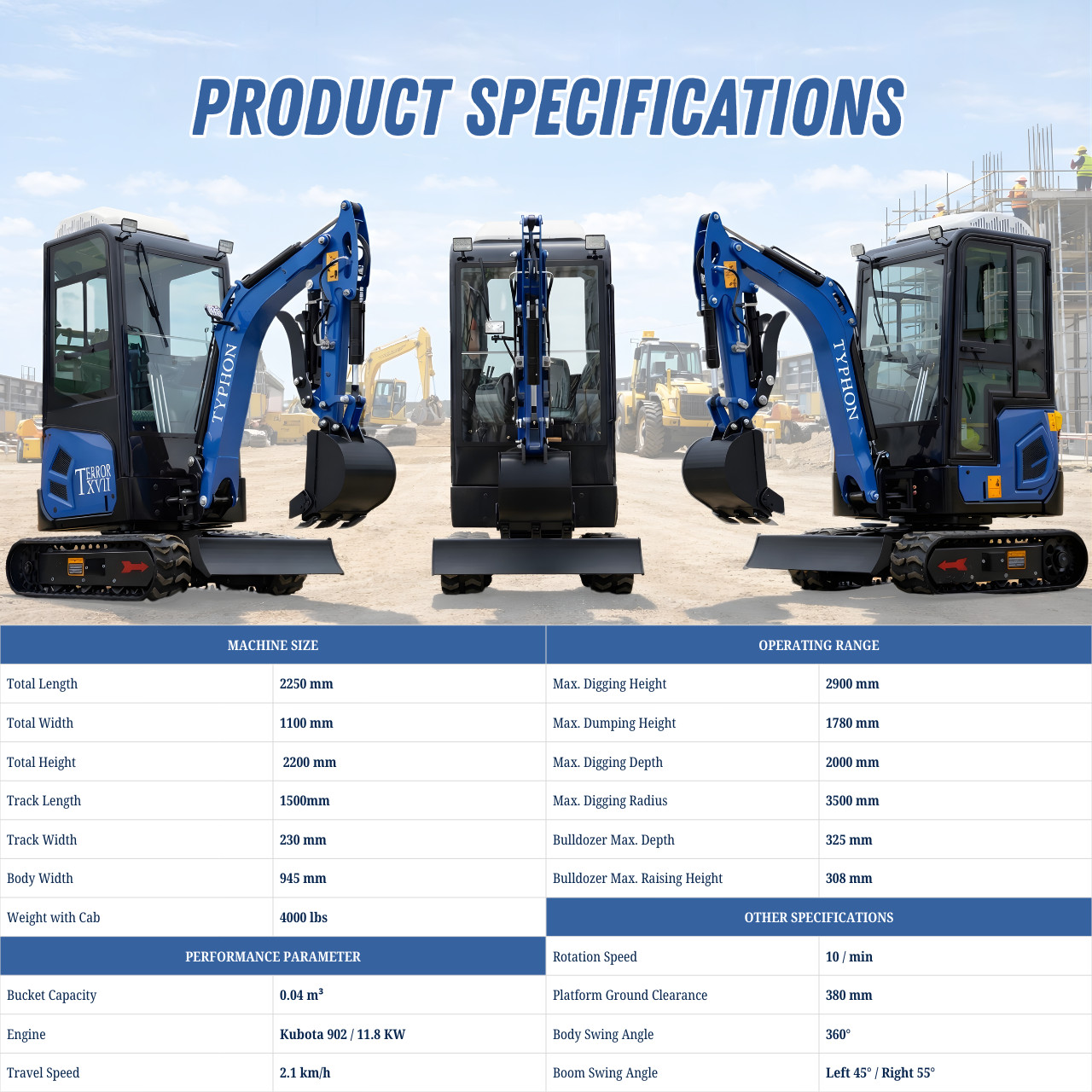 TYPHON TERROR XVII Cabin Mini Excavator 4000lb Kubota D902 with 13 Attachments