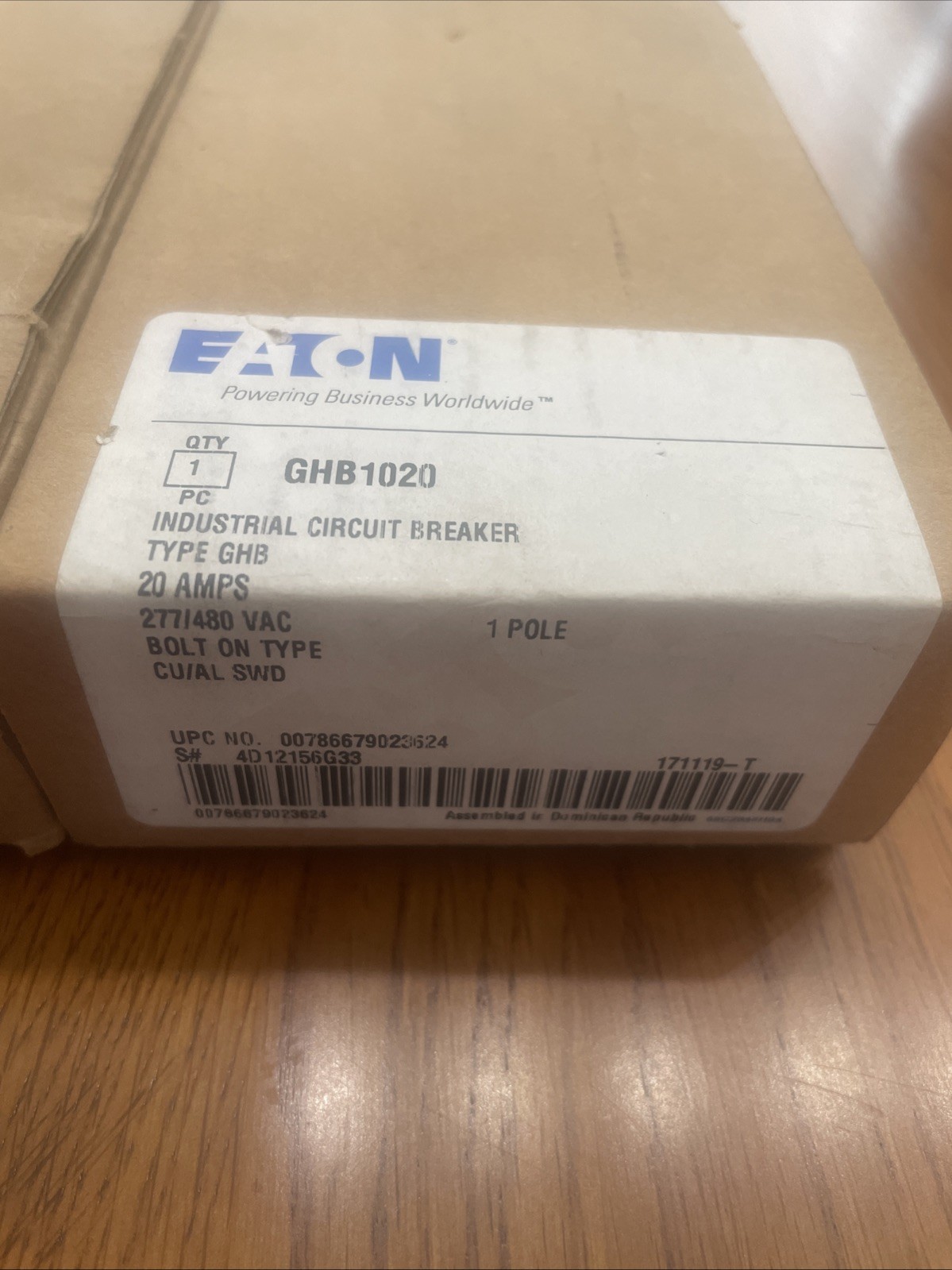 Qty. of (4) Eaton GHB1020 Industrial Circuit Breaker 20A 1-Pole 277/480VAC NEW