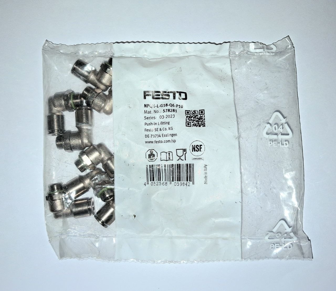 10pcs. (1 Pack) FESTO NPQH-L-G18-Q6-P10 578281 Push-in Fitting
