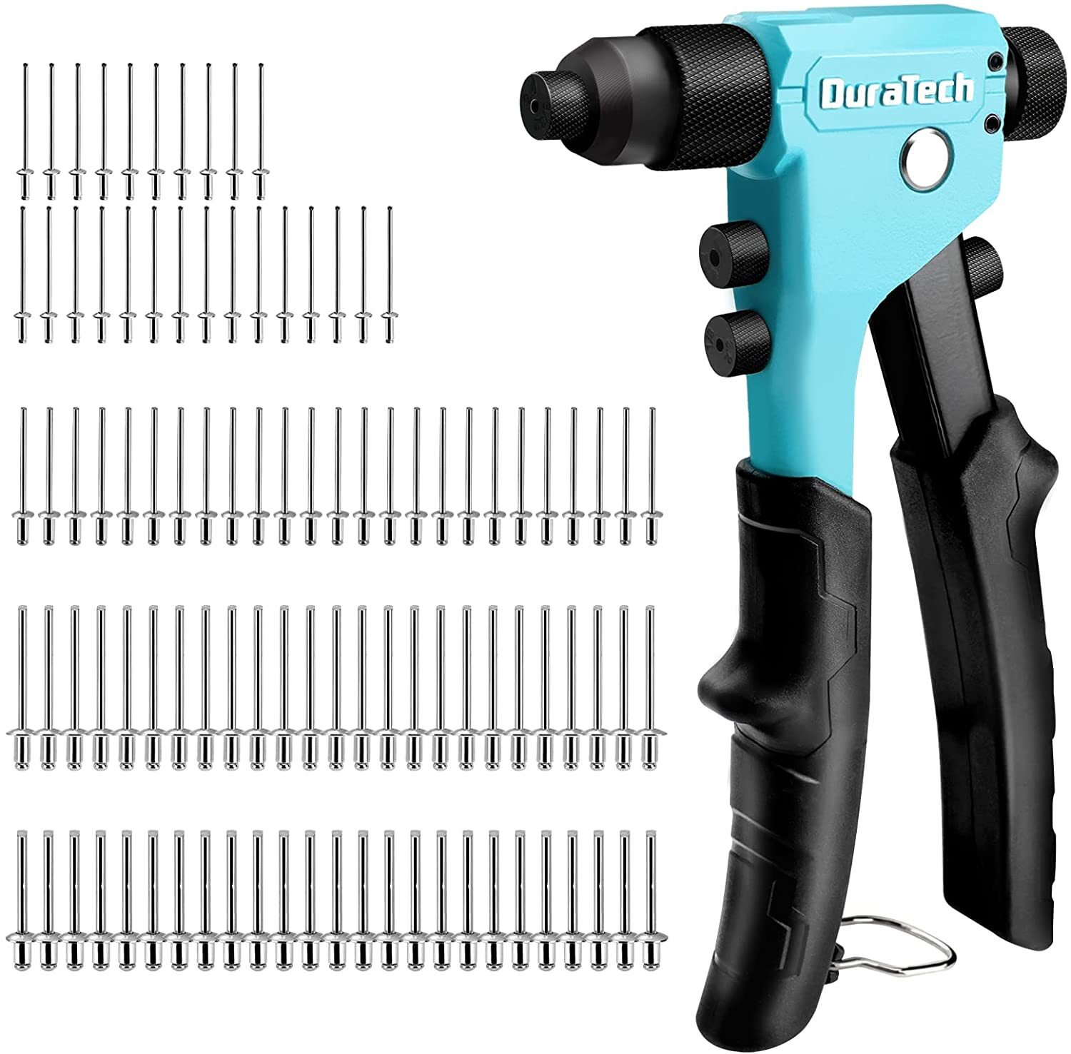 DURATECH 4-in-1 Rivet Gun with 100 Rivets – 3/32″ 1/8″ 5/32″ 3/16″ Heavy Duty