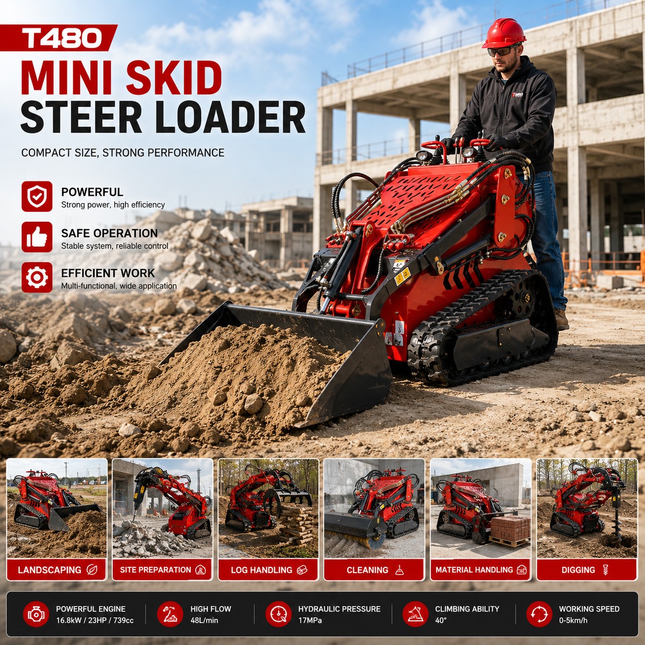NEW 2645Lbs Tracked Mini Skid Steer Loader 23HP 3-Pumps Dual Level Operation EPA