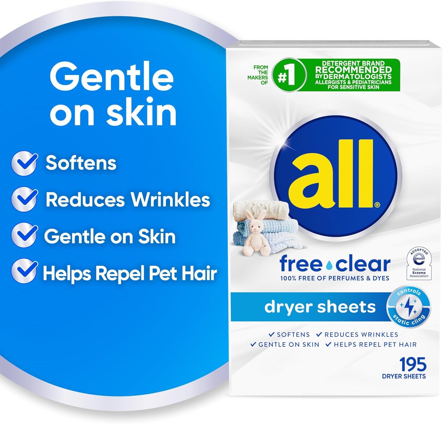 All Free Clear Unscented Fabric Softener Dryer Sheets, 195 Count