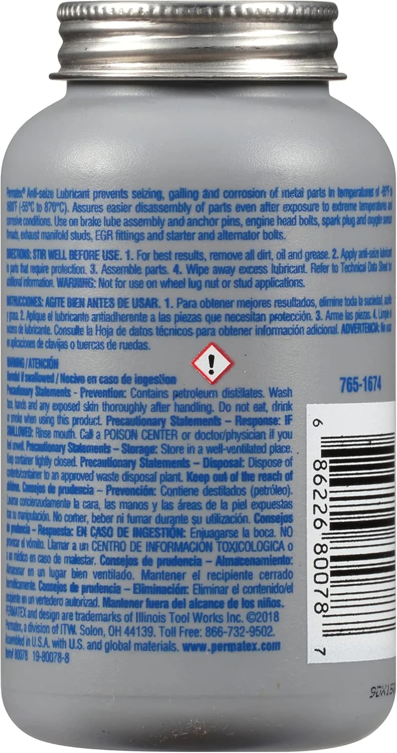 Permatex 80078 Anti-Seize Lubricant with Brush Top Bottle, 8 oz.