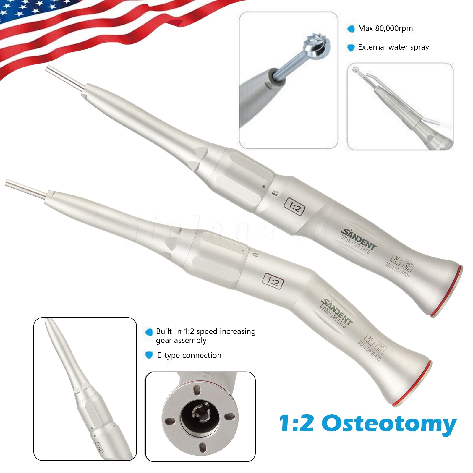 Dental 1:2 Surgical 20º Contra Angle/Straight Handpiece Fit 45mm/70mm