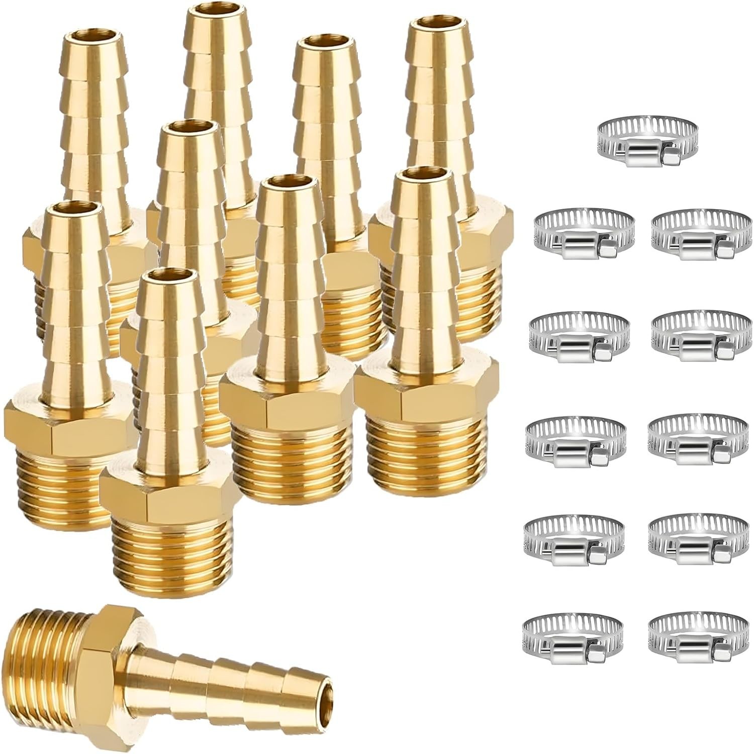10 Pcs Brass Hose Fittings, 1/2 NPT to Barb, Male 1/2Barb x 1/2NPT