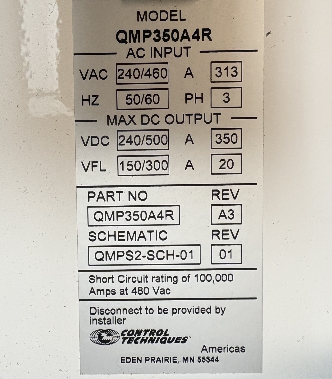 Control Techniques/Emerson DC Drive MP350A4R 125kW 480v 200HP -Pre-Owned