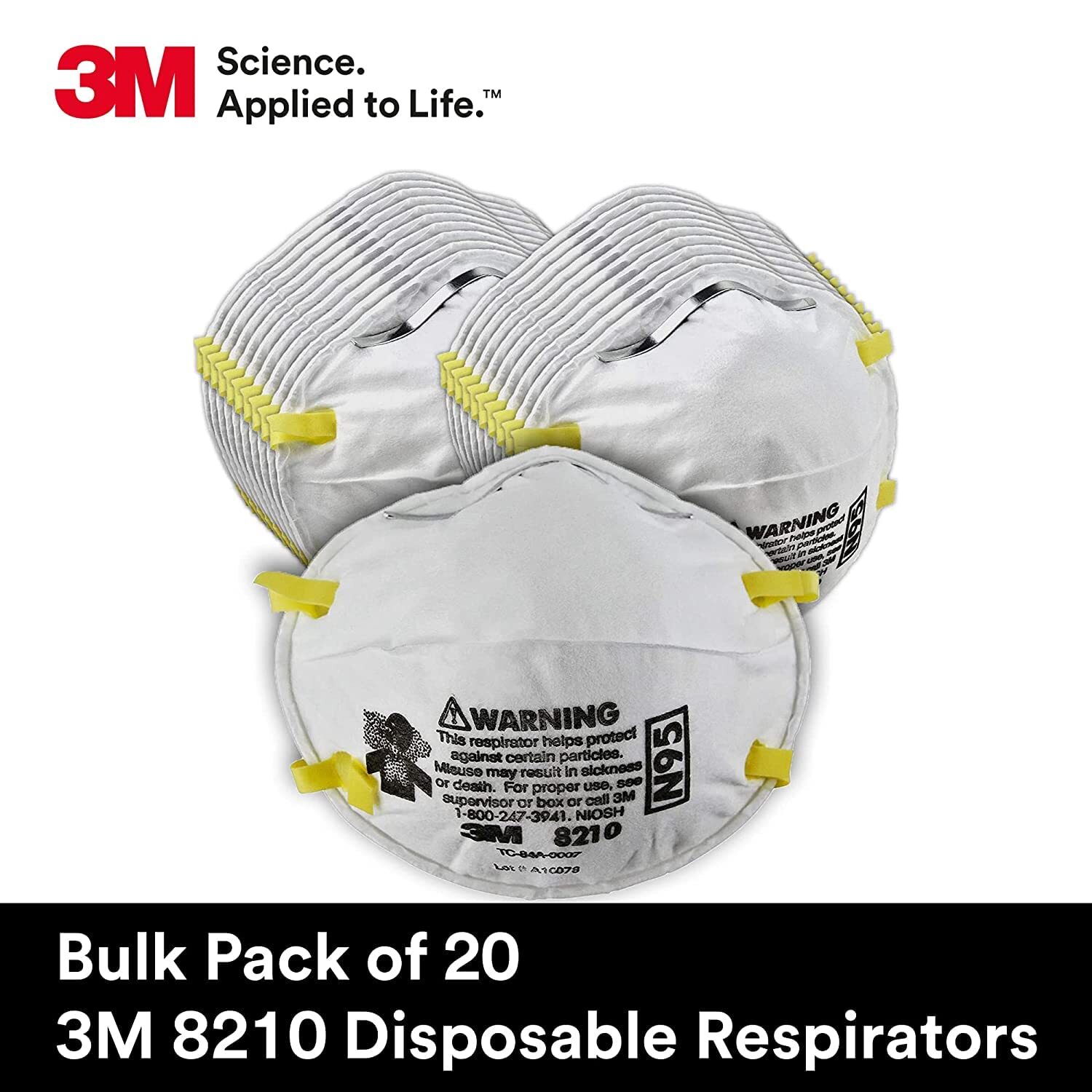 3M Personal Protective Particulate Respirator 8210, N95, Box of 20 Smoke, Dust,
