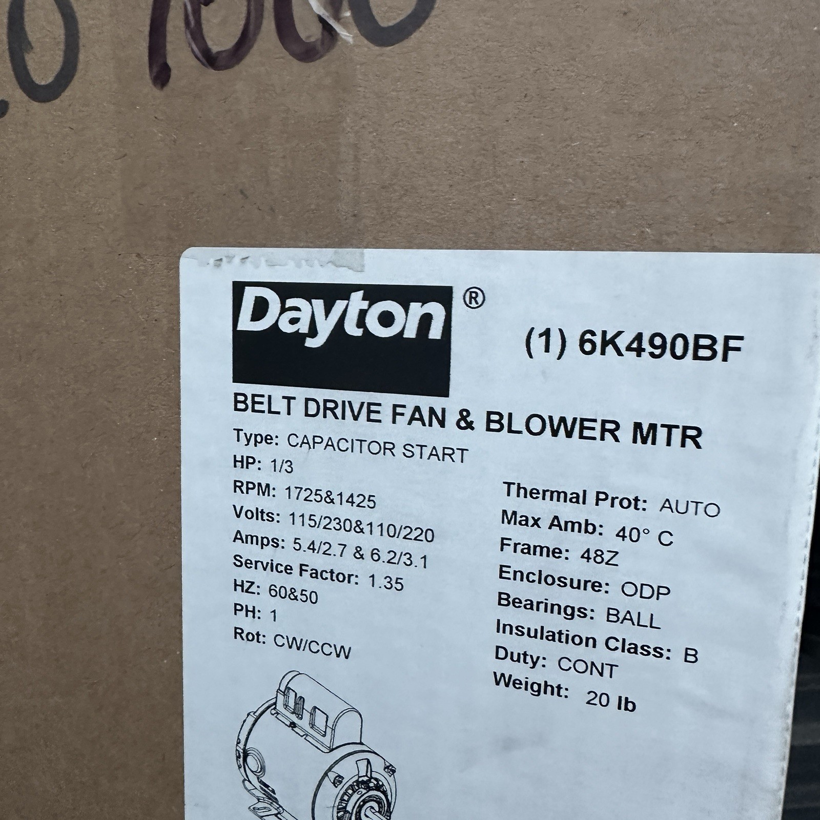 DAYTON Belt Drive Motor 1 Speed Proof Base Mount 1/3 hp 115/230V AC 6K490BF NEW