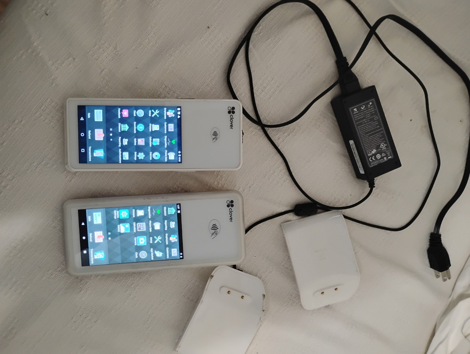 Clover Flex POS Credit Card Terminals Lot of 2 w/ Chargers & Charging Docks