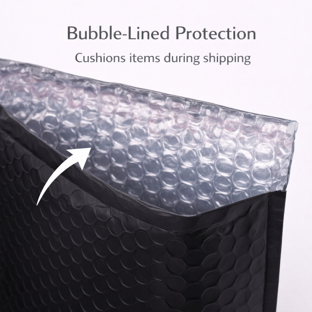 6.5×10 Matte Metallic Black Poly Bubble Mailers Padded Self Seal Shipping