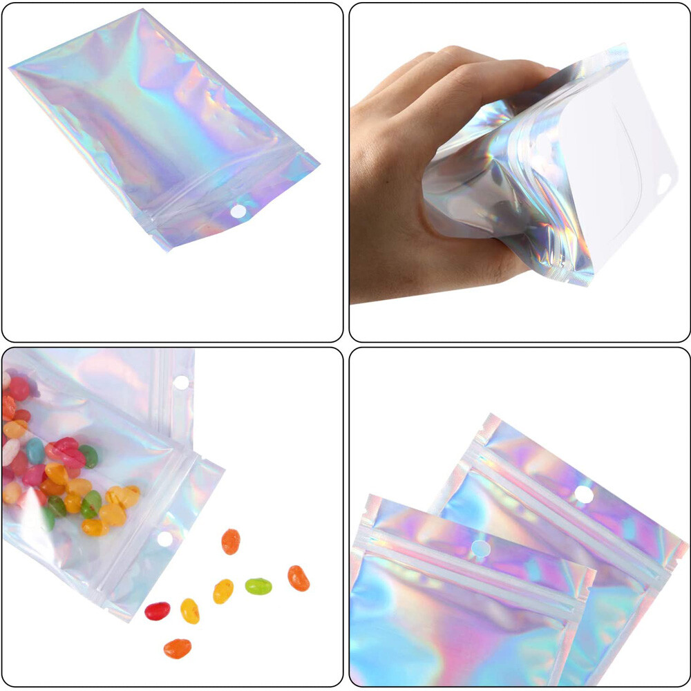Multi Size Clear Front Holographic Silver Back Glossy Foil Mylar Zip Lock Bag