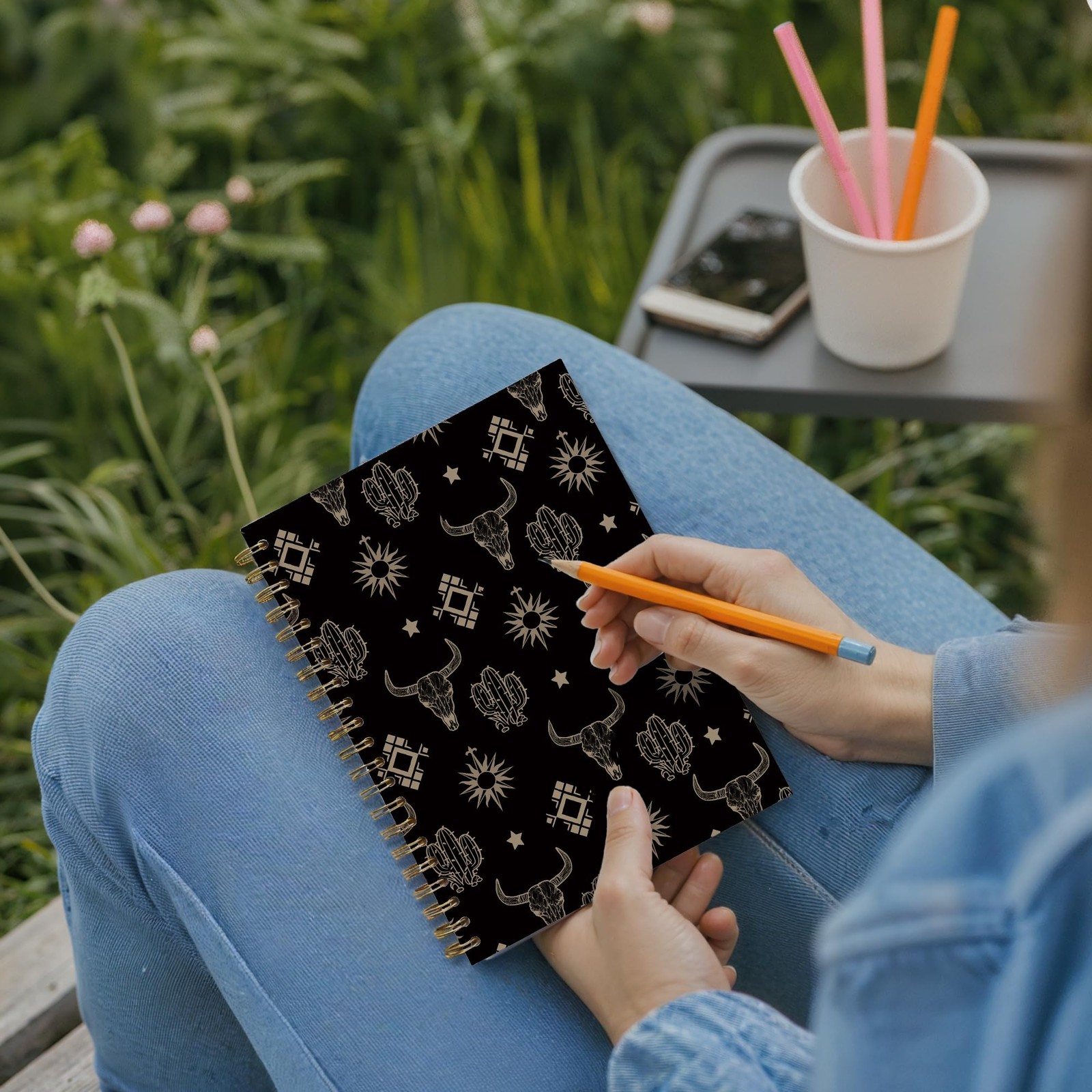 Boho Black Western Aztec Cow Bull Skull Spiral Notebook Journal for Work Scho…