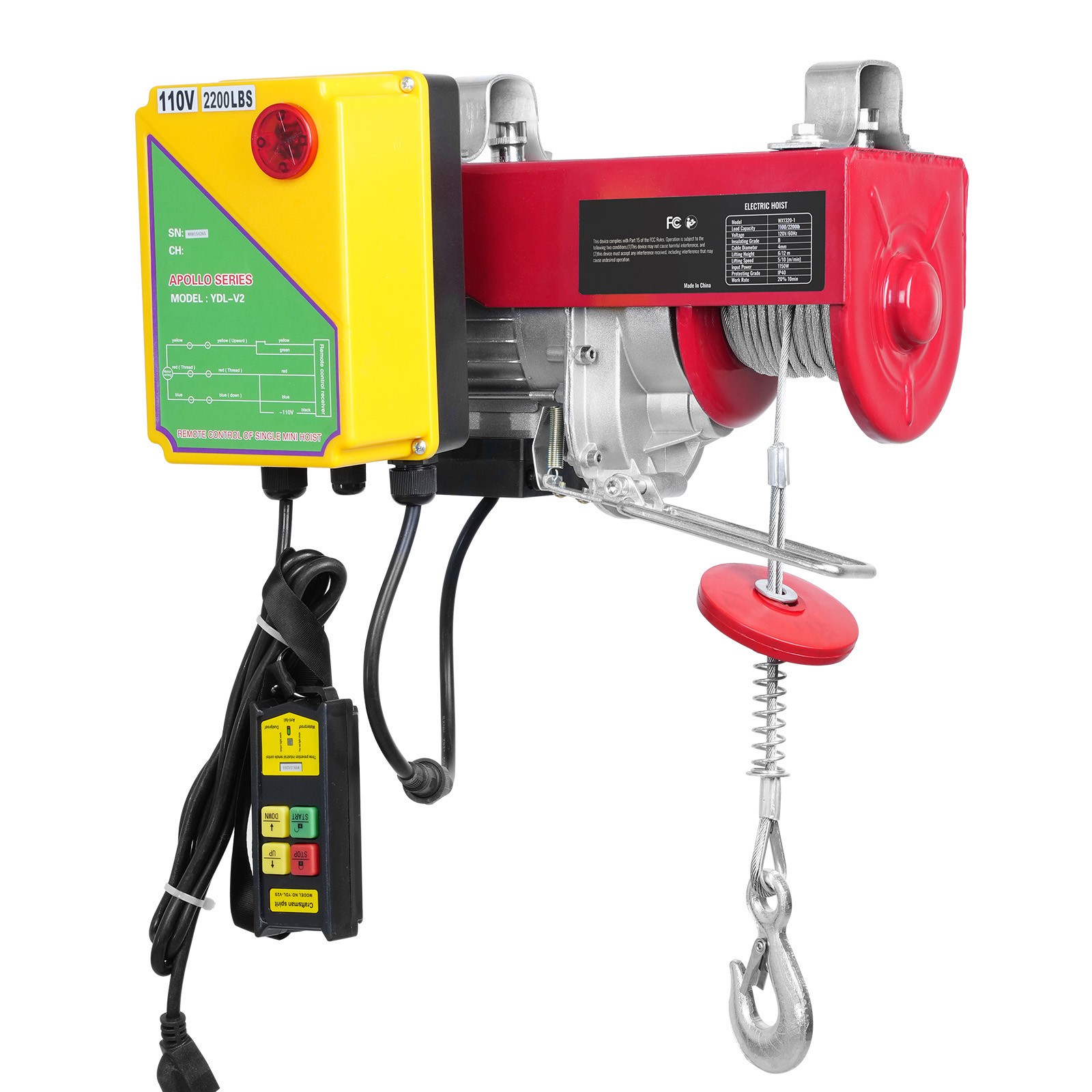 VEVOR Electric Hoist 2200lbs Crane Winch with 328ft Wireless Remote Control 110V