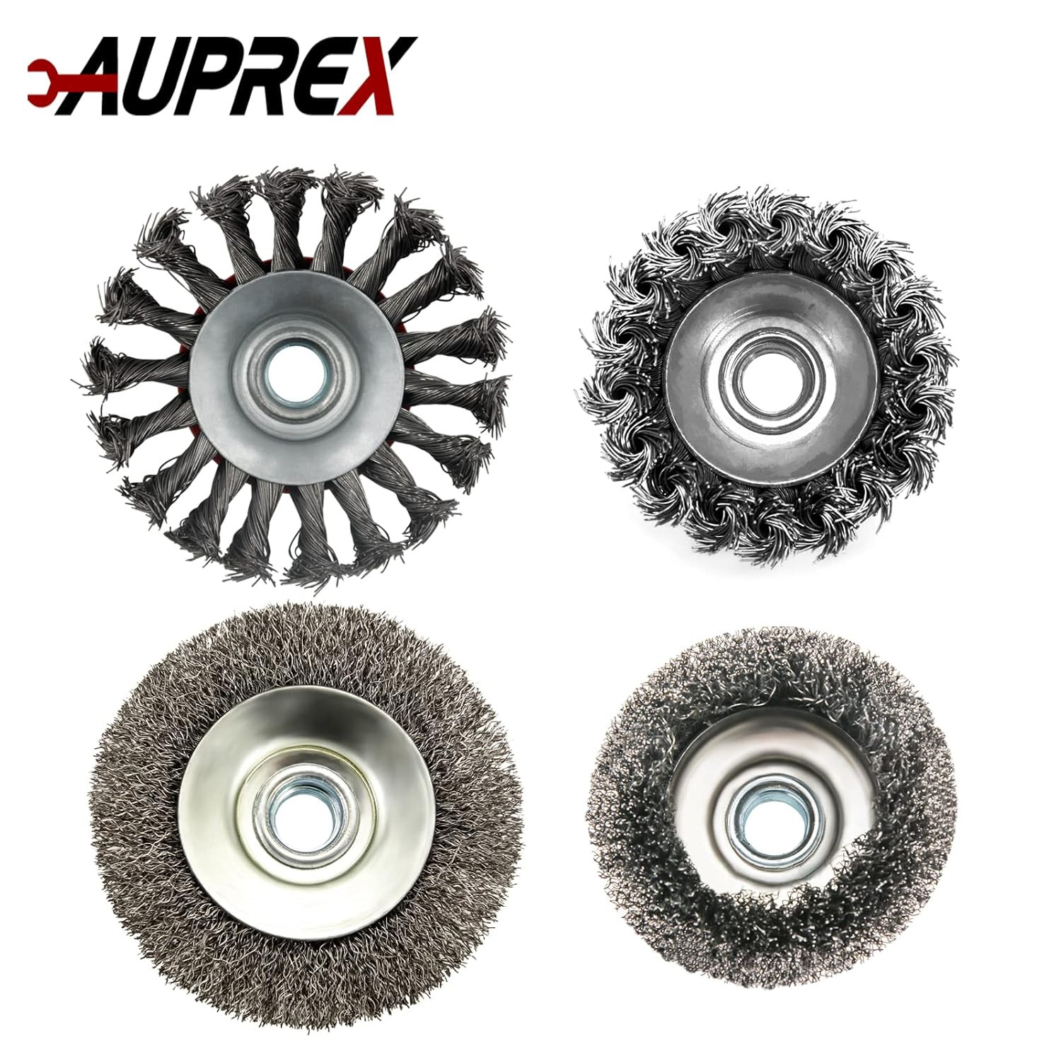 AUPREX 4 Pack Wire Wheel & Cup Brush Set for 4 1/2 Angle Grinder, 5/8″-11 Thread