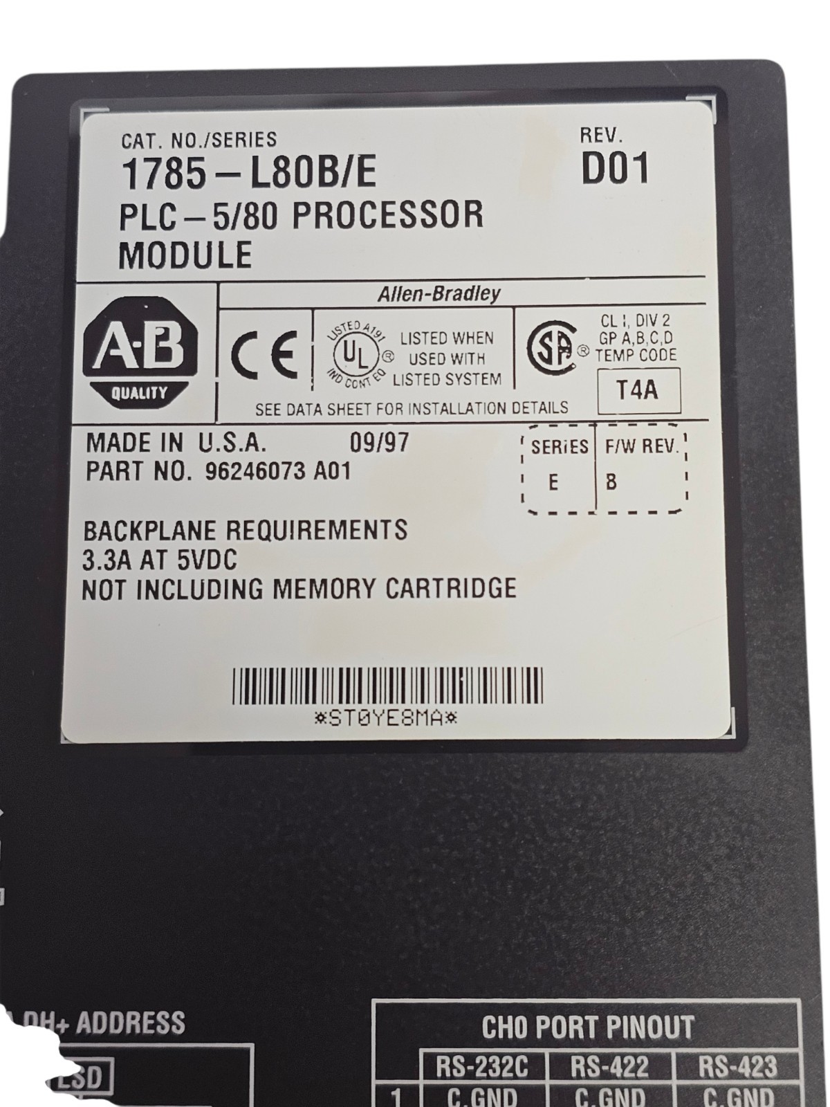 ALLEN BRADLEY 1785-L80B /E PLC-5/80 PROCESSOR MODULE REV. D01 F/W REV. B SER. E