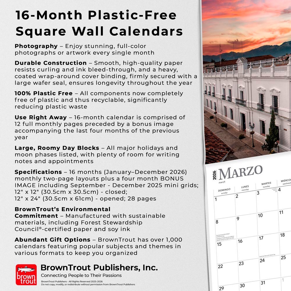 Mexico | 2026 12×24″ (Hanging) Monthly Square Wall Calendar | Plastic-Free