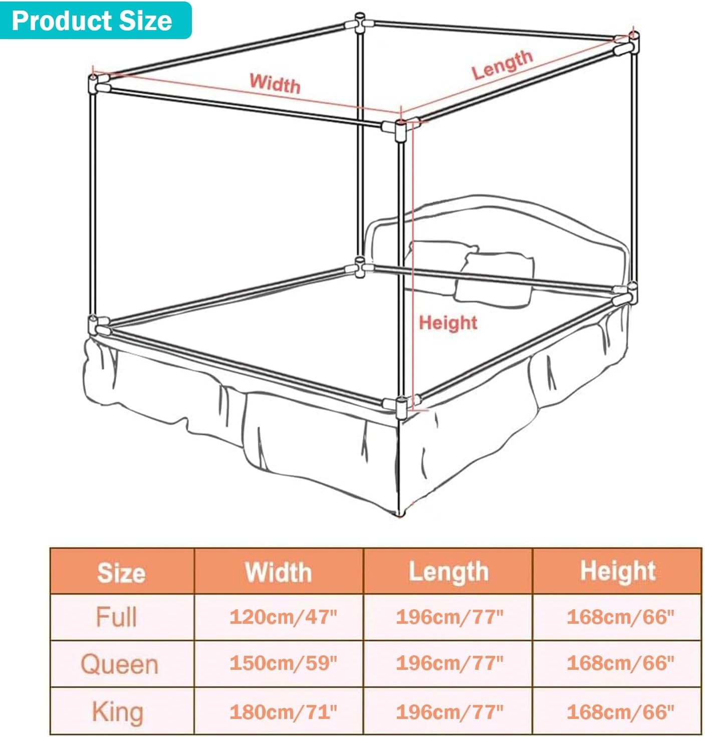 Queen Size Painted Stainless Canopy Bed Frame，with Covered Mosquito Net and 3PCS