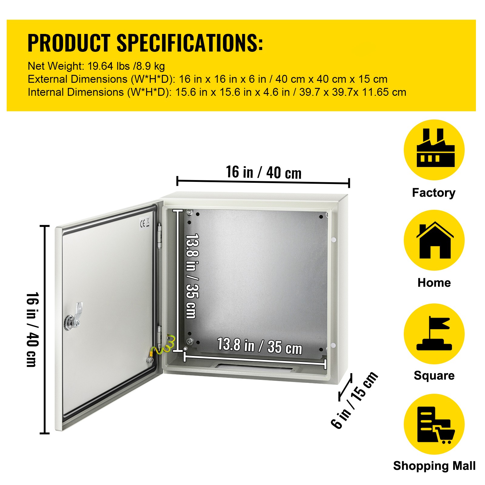 VEVOR Steel Electrical Box Electrical Enclosure Box 16x16x6” Carbon Steel IP65